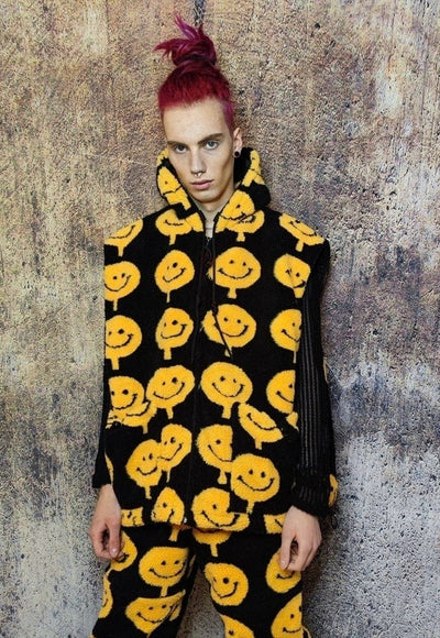 Emoji fleece jacket handmade detachable raver puffer black