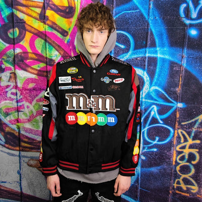 M&M candy motorcycle jacket patch Racer varsity vintage baseball denim letterman in black