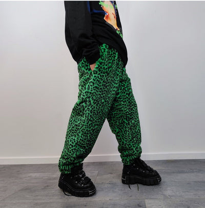 Leopard faux fur joggers winter raver pants fluffy animal print trousers skiing fleece overalls festival bottoms burning man pants in green