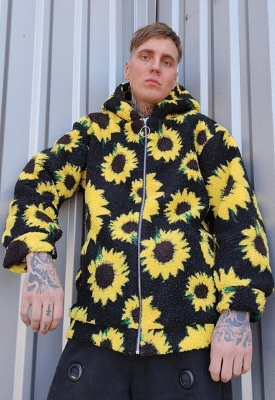 Sunflower fleece hoodie daisy print faux fur hooded jacket