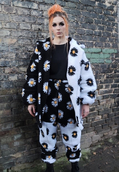 Floral fleece coat handmade daisy trench jacket white black