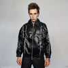 Faux leather motorcycle jacket contrast stitching biker jacket premium rocker varsity 80s racing college bomber in black