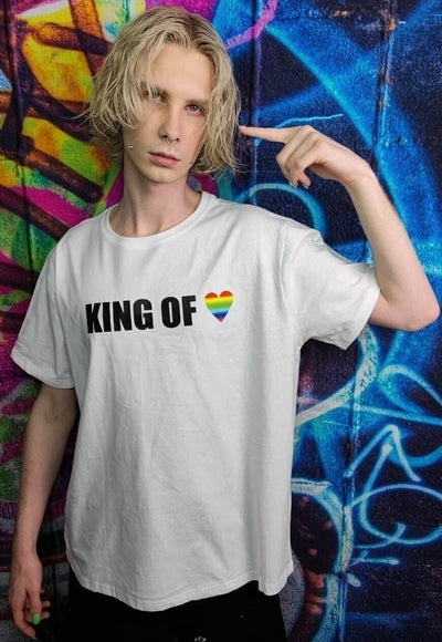 Gay King T-shirt LGBT rainbow heart tee Pride top in white