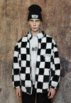 Check fleece jacket checkboard fluffy retro bomber in black