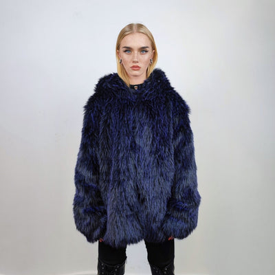 Hooded shaggy faux fur coat luxury fuzzy bomber luminous raver puffer fluffy fleece long hair going out trench burning man overcoat blue