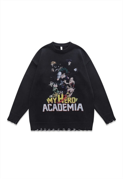 Academia sweater knitted distressed Anime print jumper beige