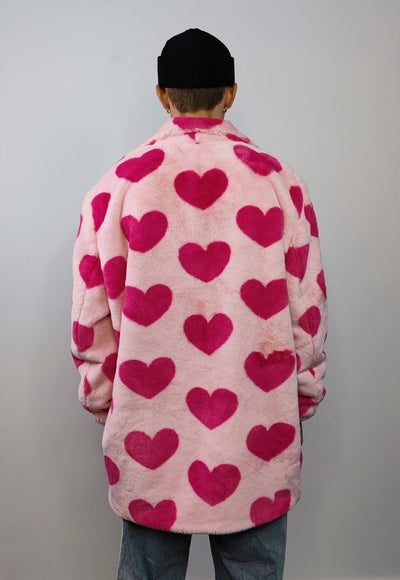 Heart fleece coat handmade faux fur love trench jacket pink