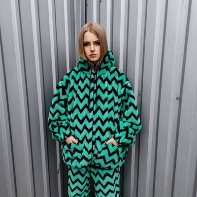 Festival stripe fleece jacket handmade detachable fluffy rave bomber zigzag print faux fur premium geometric top party zebra coat in green