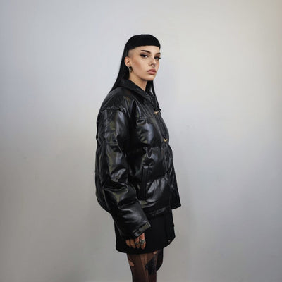 Faux leather bomber jacket utility punk bomber gorpcore coat going out PU puffer varsity fancy dress coat catwalk jacket in black