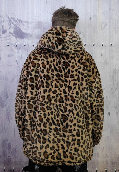 Leopard fleece jacket in brown animal print hooded bomber