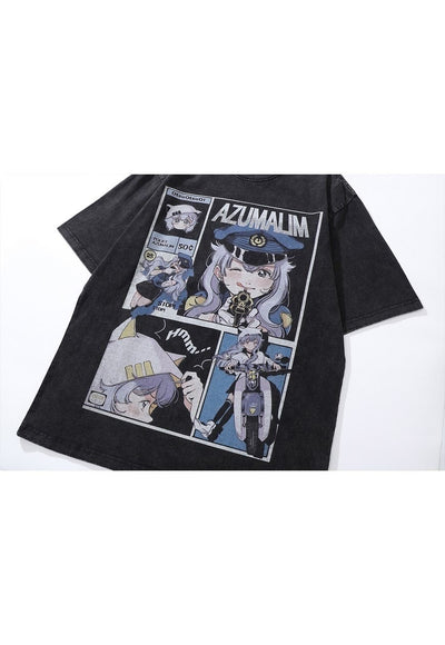 Anime t-shirt Japanese cartoon tee retro police top in grey