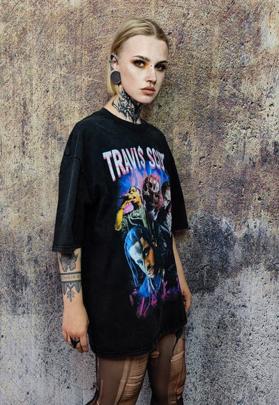 Travis Scott t-shirt rapper tee hip-hop top in vintage grey