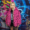 Leopard fleece jacket handmade detachable neon fluffy geometric bomber faux fur animal print coat in 2 in 1 festival jacket pink black