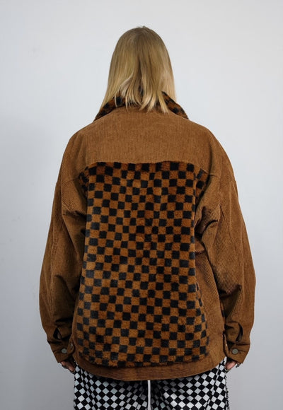 Checked velvet jacket SKA fleece patch bomber in brown