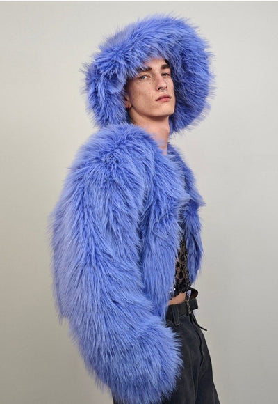 Shaggy fur coat blue collarless cropped trench rave festival