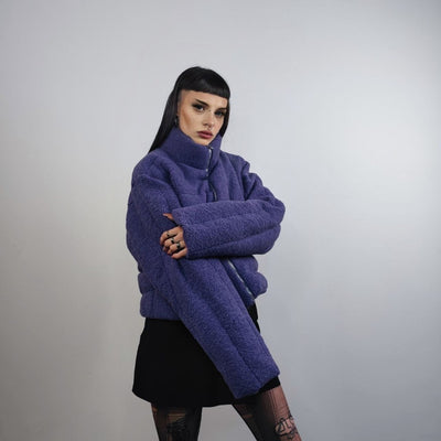 Cropped fleece jacket Asymmetric fluffy bomber box fit geometric coat raised neck aviator jacket quilted pattern short track jacket purple