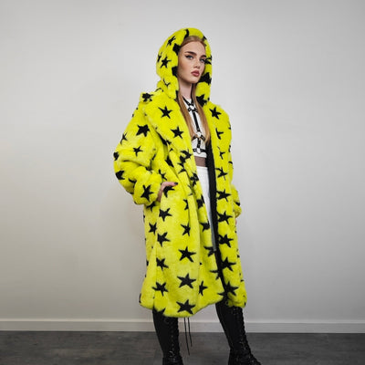 Star print fur coat yellow long heavy trench fluorescent psychedelic overcoat rave bomber festival geometric jacket custom going out peacoat