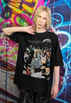 Party print t-shirt raver tee clubbing top in vintage black