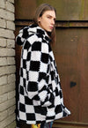 Chequerboard fleece jacket handmade fluffy check coat black