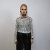 Transparent sequin top silver embellished mesh sweatshirt sheer blouse metallic catwalk jumper party see-through top festival glitter tee