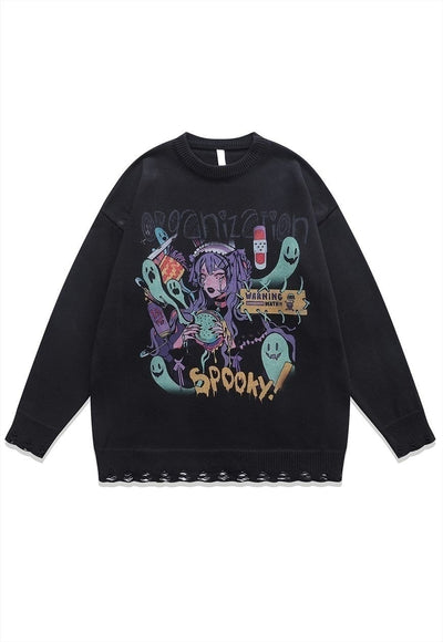 Anime sweater spooky jumper ripped knitted Kawaii top grey