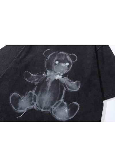 Gothic bear print t-shirt ghost cartoon tee creepy top grey