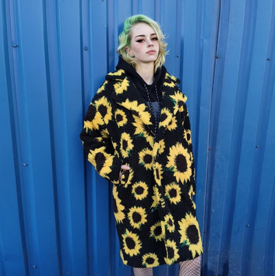 Sunflower hoodie fleece coat daisy jacket floral pattern jumper yellow rave bomber festival party pullover custom peacoat in yellow black