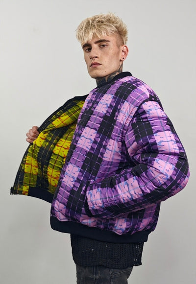 Tartan check varsity jacket purple flame reversible bomber