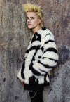 Collarless faux fur jacket fluffy zebra coat stripe bomber