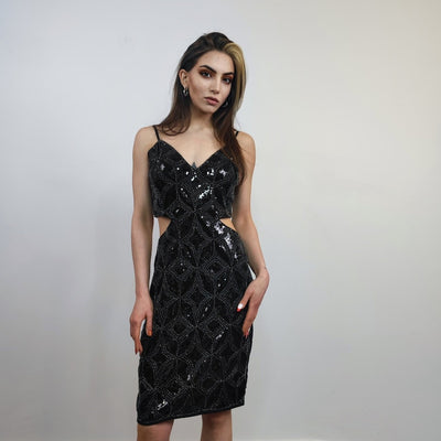 Sleeveless sequin dress cut-out gown open chest sundress embellished frock luxury going out sheath one size fancy dress blouse black
