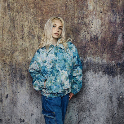 Floral print denim jacket shoulder padded crop jean bomber flower pattern preppy bomber denim aviator jacket lapel coat in blue