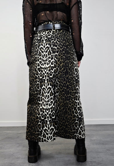 Leopard maxi denim skirt split back animal print bottoms