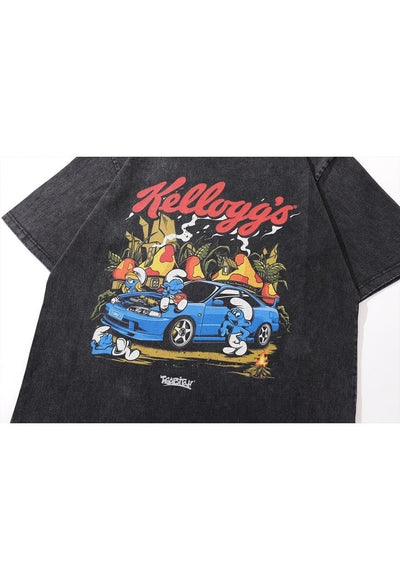 Skater t-shirt car cartoon tee retro Smurfs top vintage grey