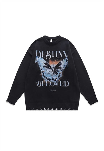 Butterfly sweater Anime knit distressed grunge jumper beige