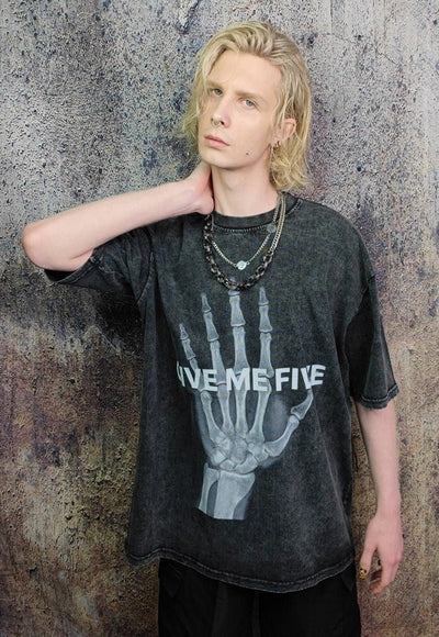 Skeleton t-shirt bones print tee punk skull top in acid grey