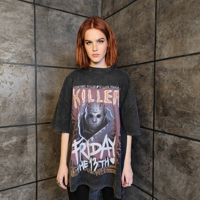 Friday 13th t-shirt vintage wash Horror movie tee Jason the killer top creepy Gothic jumper in acid grey