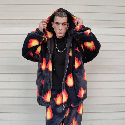 Luxury flame jacket fluffy fire print bomber handmade soft catwalk fleece puffer premium grunge hooded thunder coat in black orange red