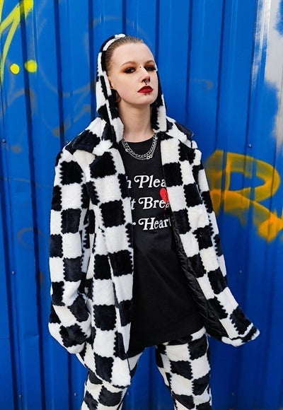 Chequerboard fleece jacket handmade fluffy check coat black