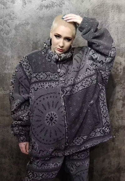 Paisley fleece bomber handmade fauxfur 70s bandana coat grey