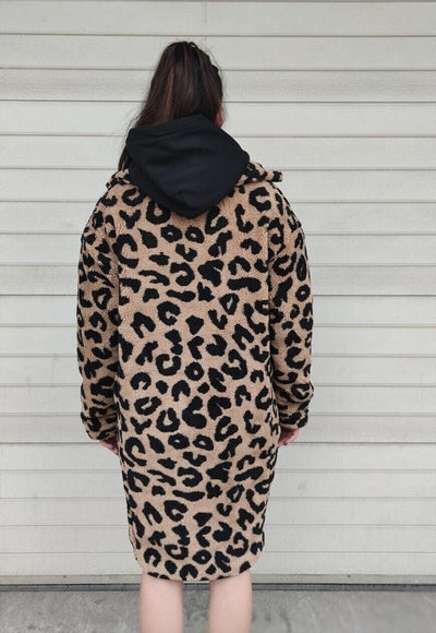 Leopard fleece coat animal print long jacket in brown