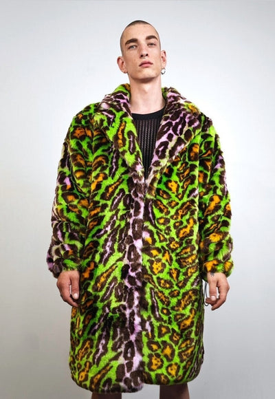 Leopard fauxfur coat green neon animal print festival bomber