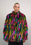 Rainbow faux fur coat parrot fuzzy jacket raised neck trench