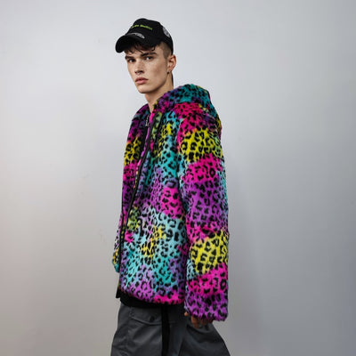 Tiedye hooded faux fur jacket leopard coat rainbow trench animal print bomber fuzzy cheetah fleece festival puffer burning man overcoat pink