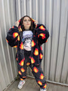 Flame fleece joggers luxury fluffy pants handmade thunder print trousers long hair premium fire festival overalls in black