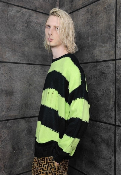 Punk stripe sweater distressed grunge jumper in green black