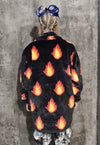 Flame print coat burning fire fleece trench luxury festival jacket fluffy grunge bomber in black orange