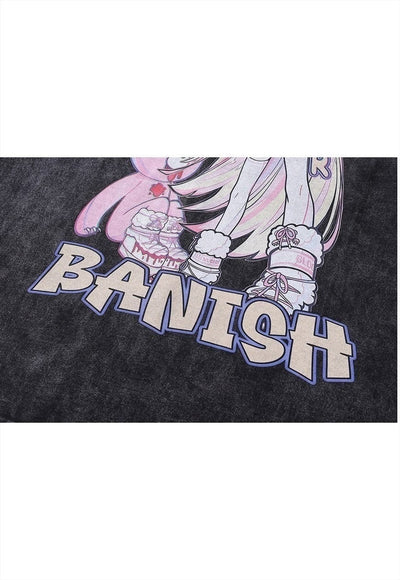 Anime t-shirt Japanese cartoon tee vintage wash top in grey