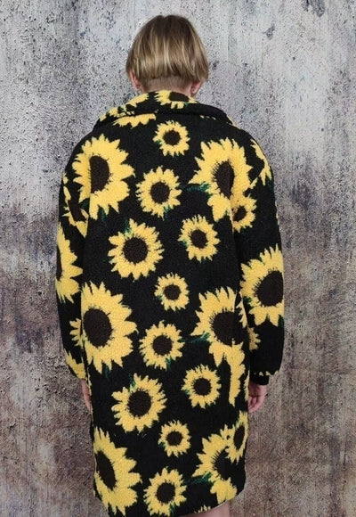 Daisy fleece jacket sunflower floral trench retro coat black