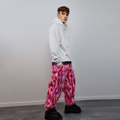 Striped fur joggers winter raver pants fluffy zebra trousers skiing fleece tie-dye overalls festival bottoms burning man pants in red pink