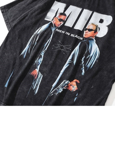 Men in black t-shirt MIB retro movie print tee in acid grey